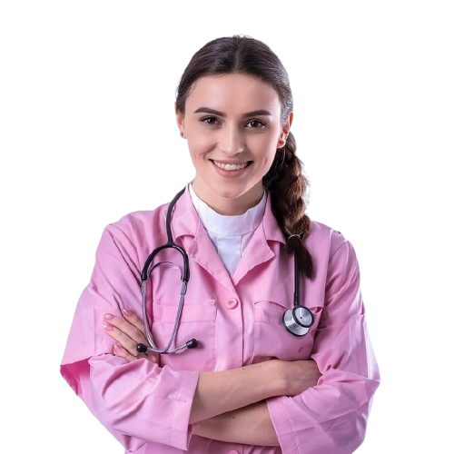 Smiling female doctor, standing with arms folded.